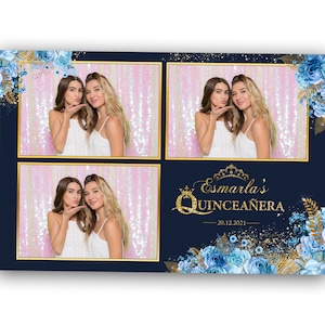 Quinceanera Sweet 16 Photo Booth Vorlage 4x6 Silber und Gold Postkarte Königsblau und Photobooth