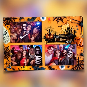 Plantilla de fotomatón de Halloween 4x6 Fiesta de truco o trato 2024 Naranja Amarillo Negro Plantilla de fotomatón de calabaza Postal 3 tomas PSD PNG Fuente
