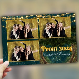 Texto editável Enchanted Forest Prom 2024 Photobooth Template 4x6 Cartão postal 3 fotos Classe de 2024 Graduação Photobooth Template