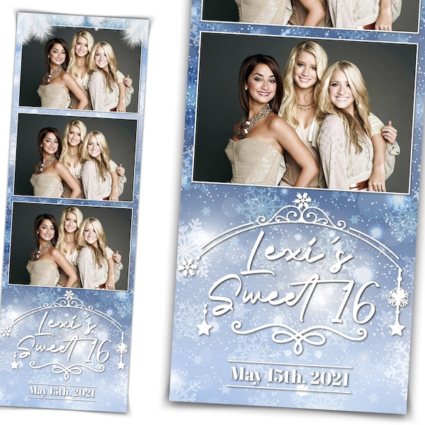 Snowflake Photo Booth Template Sweet 16, Winter Wonderland, Snow 2x6 stripe, Font Included