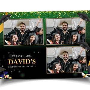 Modelo de cabine fotográfica de formatura da turma de 2023 4x6 verde e dourado com laranja, amarelo e brilhos layout de cartão postal com 3 fotos PSD PNG e link de fonte