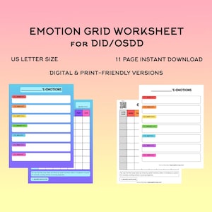 Może przedstawiać: Obraz arkusza emocji dla DID/OSDD, z tekstem "EMOTION GRID WORKSHEET FOR DID/OSDD". Arkusz jest dostępny w formacie US Letter i jest wersją cyfrową i przyjazną do druku. Obraz pokazuje dwie wersje arkusza.