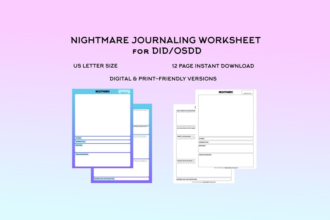 Nightmare Journaling Worksheet: DID/OSDD Self-care Therapy (12-page PDF ...