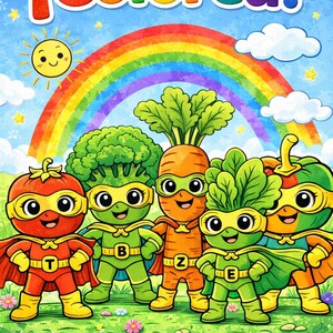 May include: A colorful illustration featuring a rainbow, smiling sun, and cartoon vegetables dressed as superheroes. The image includes the text "¡Colorea!" and a row of crayons at the bottom. The superheroes are a tomato, broccoli, carrot, lettuce, and pumpkin.