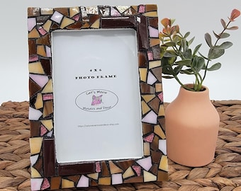 Marco de fotos de 4 x 6, marco de fotos de mosaico, marcos decorativos, rosa y marrón, vitrales, de mesa, con respaldo de caballete, regalo para ella, regalo de decoración del hogar