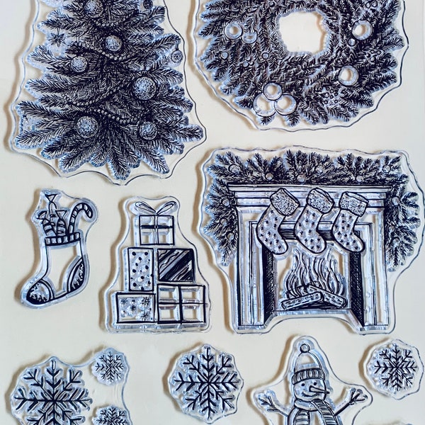 Christmas Tree Stocking Fireplace Santa Snowflake Christmas Clear STAMP for Card Making Decoration and Scrapbooking