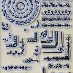 Bordes, esquinas y círculos ornamentados: sellos de silicona transparente para bricolaje, relieve, planificador, diario, manualidades, scrapbooking y decoración.