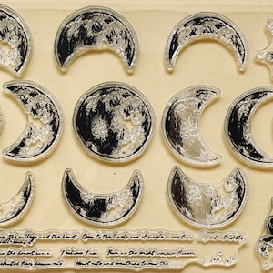 Moon Phases, Full Moon, Crescent, Lunar, Leaves, TextClear Stamp Set - Planner, Journal, Craft, Scrapbooking, Decoration