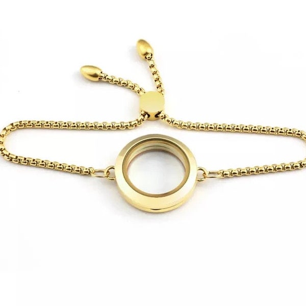 1 Gold Medaillon-Armband aus Edelstahl mit Drehverschluss, schlichtem, doppelt gebogenem Glasmedaillon, verstellbarem Armband, 25 mm #310