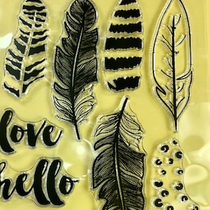 Conjunto de carimbo transparente de penas amor, olá, doce - planejador, diário, artesanato, álbum de recortes, decoração