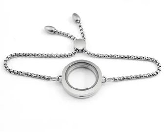 Silver Locket Bracelet Stainless Steel Twist Screw Plain Double Curved Glass Locket Adjustable Bracelet 28mm
