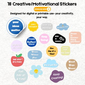 18 digitale kreative Motivationssticker - druckbare PNGs für Planer, Journals, Laptops - Sofortdownload