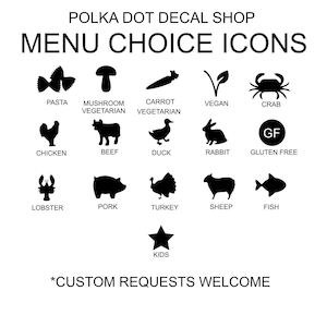 Décalcomanies noires au choix de repas, icônes de marque-places, autocollants de repas, options de menu, autocollants de sélection de menu, mariage personnalisé, personnalisé