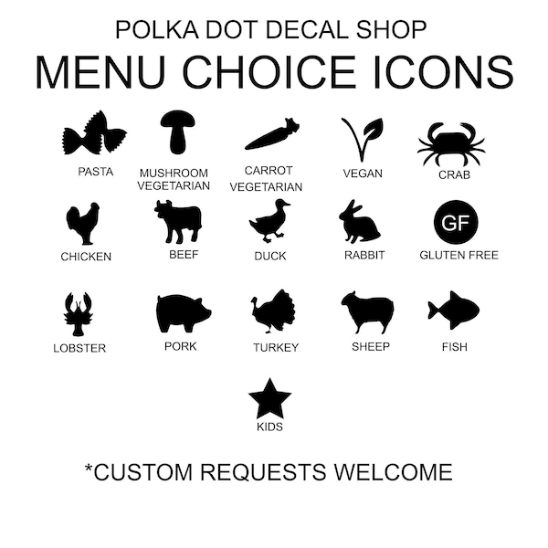 Any Colour Meal choices decals , place card icons, meal stickers, menu options, menu selections stickers,  custom wedding, personalized