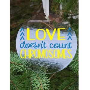 Love doesn't count chromosomes handmade acrylic ornament, Down syndrome awareness Christmas, Love doesn't count chromosomes, T21
