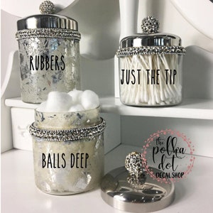 DIY Funny bathroom decor labels, Bathroom humor decals, Funny bathroom decor, balls deep, just the tip, tie me up, rubbers, pin me down