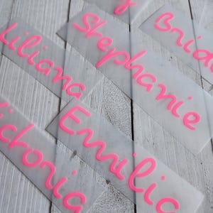 May include: Several rectangular, semi-transparent adhesive labels featuring bright pink, cursive-style lettering. The labels display various names including Lily, Stephanie, Liliana, Victoria, and Emilia, along with the word Bride, printed in a bold, neon pink font.