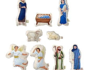 Fabric Toy Nativity Set for Children - Joseph, Mary, Baby Jesus in Trough, 2 Angels, 2 Shepherds, 2 Sheep