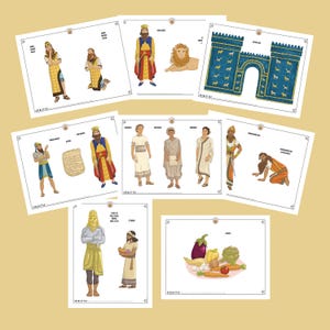 May include: A set of printable paper dolls depicting characters from the Bible story of Daniel. The dolls include Daniel, King Nebuchadnezzar, the three Hebrew friends, and a lion. The dolls are dressed in colorful clothing and have detailed facial features. The set also includes a printable gate with lions on it.