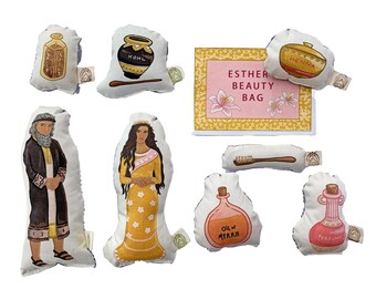 Queen Esther Bible Toy Set - Esther, Mordecai, 6 Beauty Items (Perfume, Oil of Myrrh, Spices, Henna, Kohl), Fabric Label