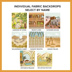 May include: A set of 10 illustrated fabric backdrops featuring scenes from the Bible, including the Garden of Eden, Noah's Ark, Goshen House, Wilderness Camp, Sukkot Booth, Grain Fields, Esther's Palace, and Mountain Pasture.