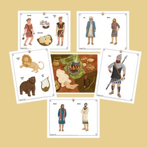 Puede incluir: Conjunto de seis tarjetas imprimibles con ilustraciones de personas, animales y objetos de la Biblia. Las tarjetas incluyen un león, un oso, un arpa, una fogata, una olla, pan, una espada, un escudo y varias personas con diferentes vestimentas.