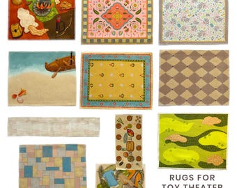 May include: A set of ten colorful rugs with various patterns and designs, including a floral rug, a geometric rug, a rug with a beach scene, and a rug with a golf course scene. The rugs are labeled "RUGS FOR TOY THEATER".