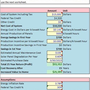 Solar Panel Cost Recovery Excel Template