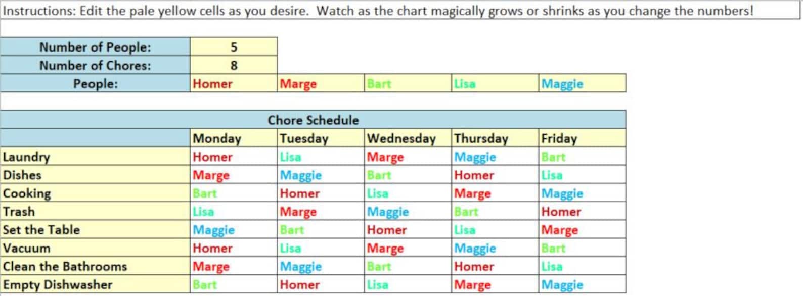 Daily Chore Rotation Excel Template - Etsy