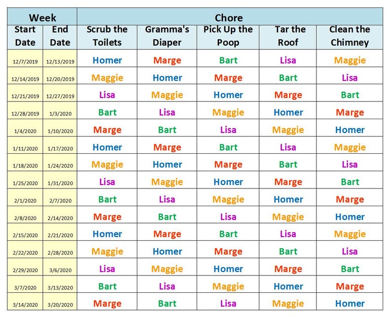 Weekly Chore Chart Excel Template Etsy
