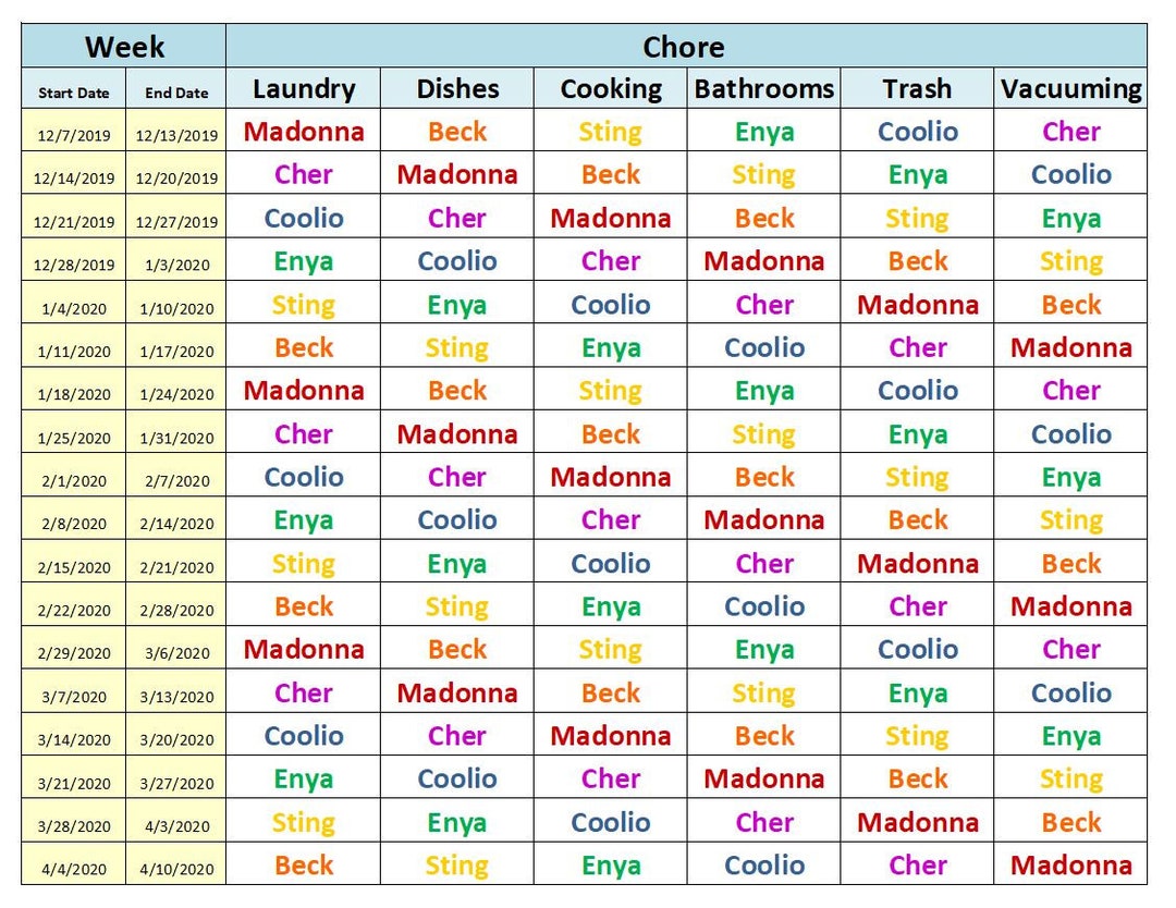 Weekly Chore Chart Excel Template Etsy