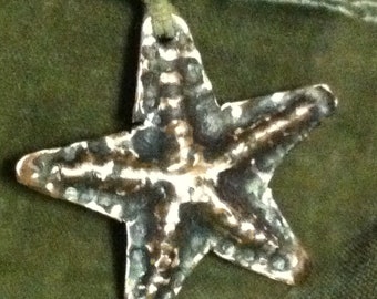 Handmade Copper Repousse Starfish Pendant w/ hemp beaded necklace  by carol evans