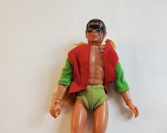 Vintage 1975 Mego jointed ROBIN Action Figure with suit Cape-missing foot