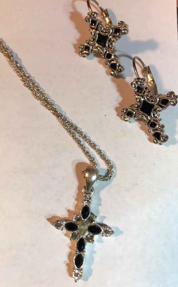 Cross with Enamel Silver Tone pendant and earrings