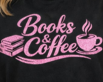Maglietta con glitter scintillanti "Libri e caffè", ideale per gli amanti dei libri, regalo per gli amanti del caffè, regalo per gli amanti dei libri, regalo per insegnanti (vero glitter)