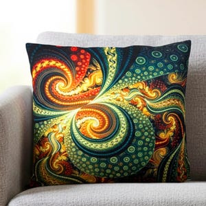 Modernt kuddfodral med abstrakt mönster, färgglatt kuddfodral, exotisk vardagsrumsinredning, ungdomsrum, mjuk hudkänsla, boho inredning