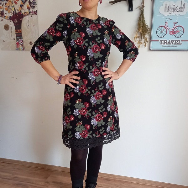 Kleid, Baumwolle, Armband Ärmel, Knielang, Feine Spitze, Frida-Kahlo Kult, Abendkleid, Vintage-Style, Boho, ergänzend kombinierbar,