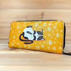 Carteira feminina de couro sintético | design fofo de gato | bolsa fofa | carteira incomum, bolsa boho
