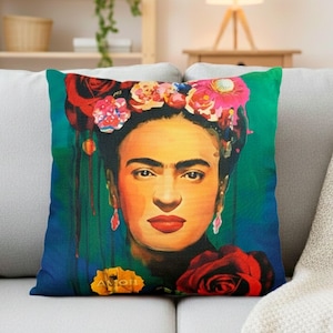 Kissenhülle Canvas Struktur Porträt Kunst – Bunter Boho Akzent für Sofa – Mexikanischer Stil Dekokissen mit Rosen & Urban Art Elementen
