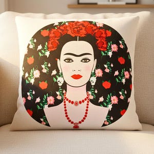Kissenbezug Boho Deko 43x43 Mexikanischer Stil Porträt Kunst – Feministische Kunst Kissenhülle mit Blumen & Totenkopf für Sofa Statement