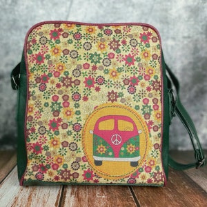 Sac à bandoulière unisexe sac femme 100% végétalien grand crossbody tissu recyclé hippi coloré modèle de bus VW mignon sac à bandoulière porte-documents