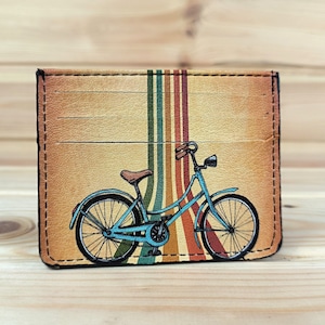 porta cartão de crédito feito à mão | Mini bolsa vegana padrão de bicicleta dos anos 70 | Design retrô minimalista de porta-cartão de crédito retrô