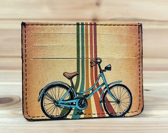 Porta carte di credito fatto a mano | Mini portafoglio vegano con motivo bicicletta anni '70 | Porta assegni minimalista in stile retrò, design retrò