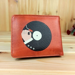Cartera de hombre fabricada en piel sintética con un divertido diseño retro práctica billetera | Cartera de cuero de diseñador | Patrón de disco de vinilo
