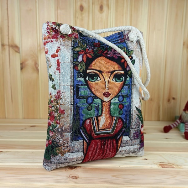 Vegan Shopper | Frida Tasche | 100% Baumwolle Frauen Tasche | Tote Bag | Frida Inspiration Schultertasche | Gobelin | Gewebte Tasche