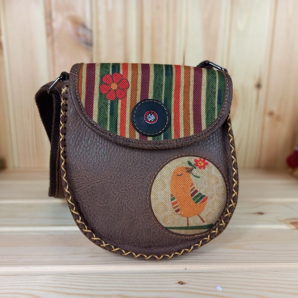 Damen Crossbody Tasche Handgenähte Vegan Umhängetasche Vogel Muster in Braun Frauen Tasche Schultertasche Unikat Design wilde Ausstrahlung