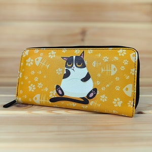 Cartera de piel sintética para mujer | Diseño de gato adorable | Monedero bonito | Cartera bohemia original
