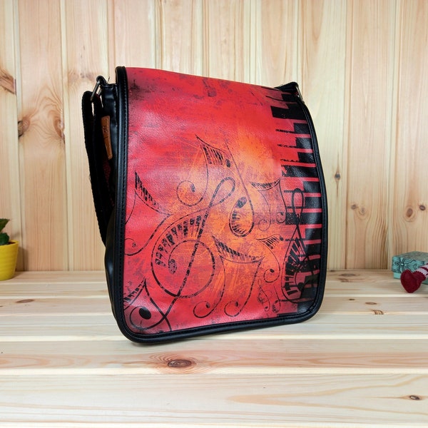 Umhängetasche 100 % Vegan Unisex Crossbody Tasche auffallende Schultertasche Musik Noten Muster Clutch Bag praktische Alltagstasche