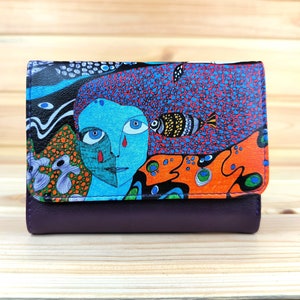 Cartera de piel sintética | Monedero triple para mujer | diseño boho artístico único | pintura abstracta | Regalo único