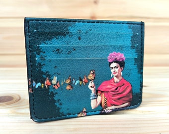 Frauen Kreditkartenetui | Vegan Mini Geldbörse in Grün | Minimalistisches Portemonnaie mit Frida Muster | Feminin Design
